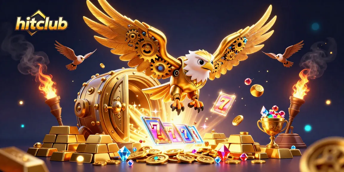 Engage in thrilling gameplay at hitclub, featuring golden eagles, slot reels, and treasure bursts.
