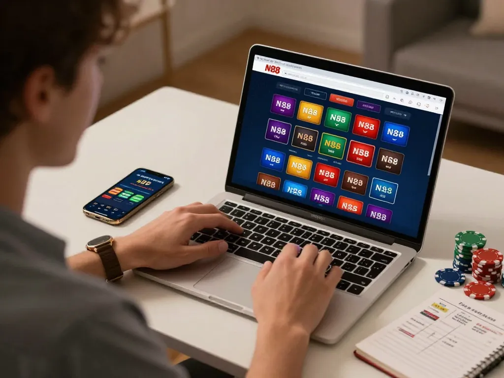 Person enjoying N88 online gambling session with laptop and smartphone, focused on betting strategies