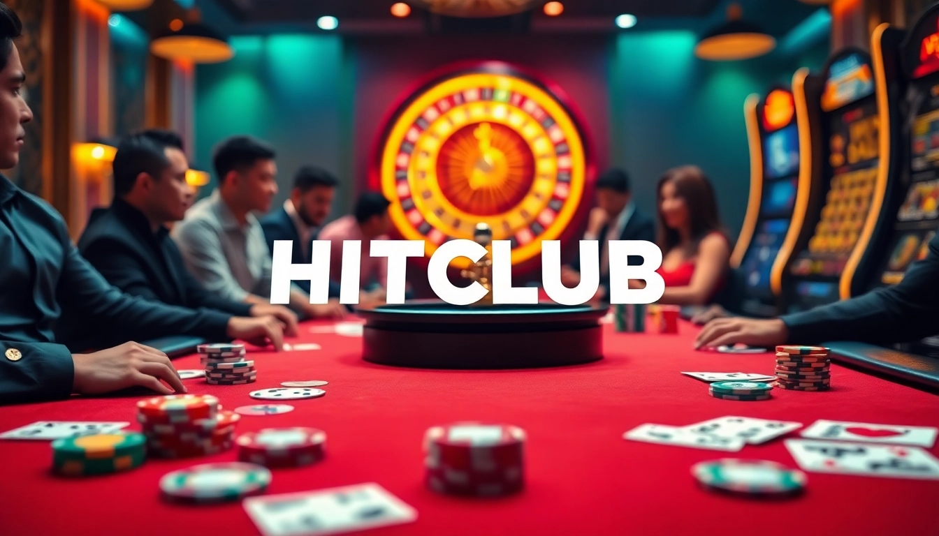 Players engaged in a high-stakes game at HITCLUB's luxurious poker table amidst vibrant casino excitement.