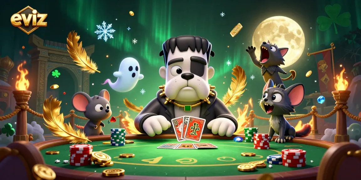 eviz showcases a spectacular casino scene with a 3D cartoon monster dealer and ghostly elements.