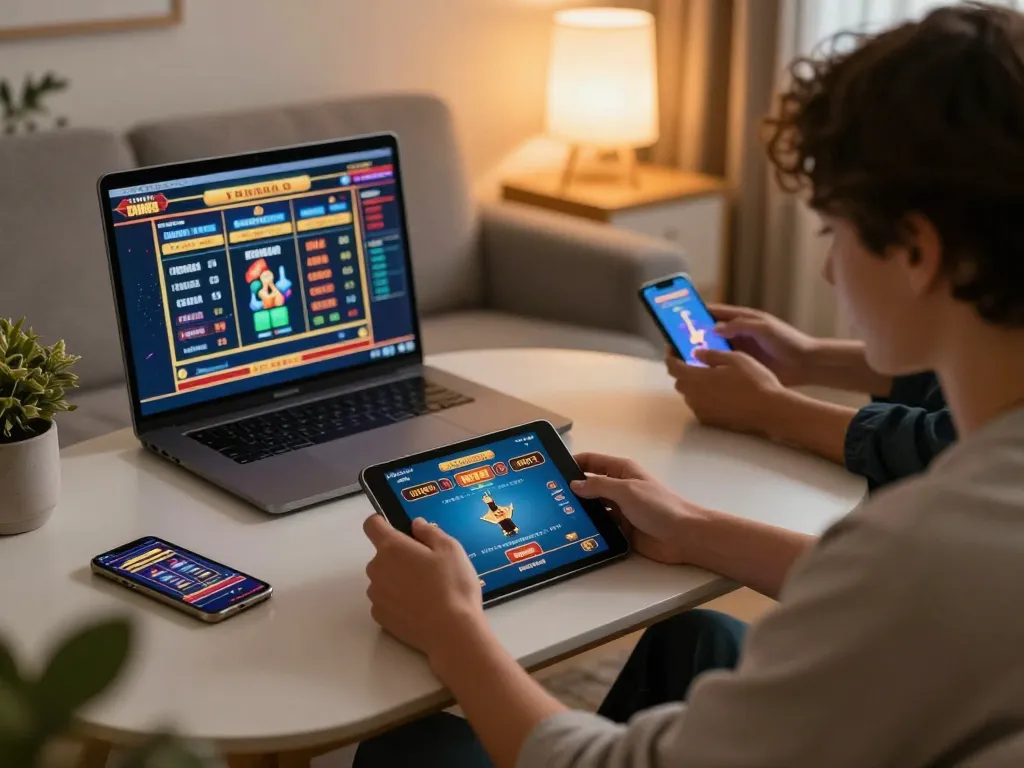 Players enjoying DN88 online casino games on smartphones in a cozy living room setting, engaged in strategic gameplay