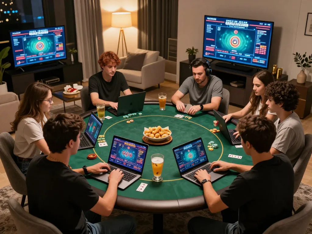 B52Club players enjoying online poker from a cozy home setting, showcasing social gaming energy.