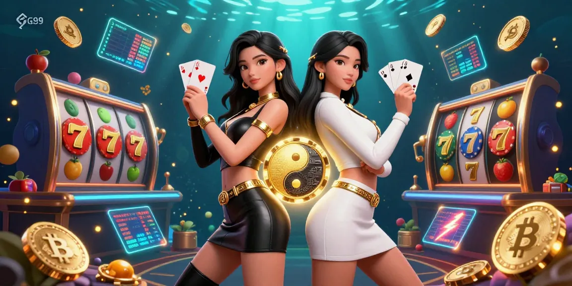 Experience the thrill of PG99 with stunning twin Asian women showcasing playing cards in an immersive casino setting.