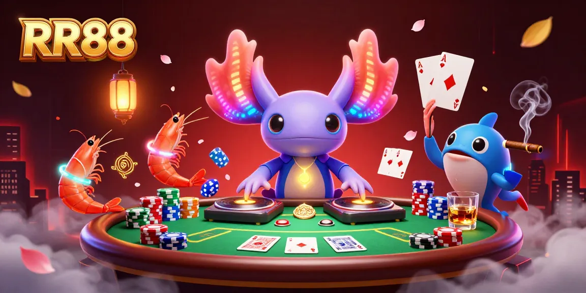 RR88 reflects excitement with a vibrant axolotl DJ spinning vivid records at a lively poker scene.