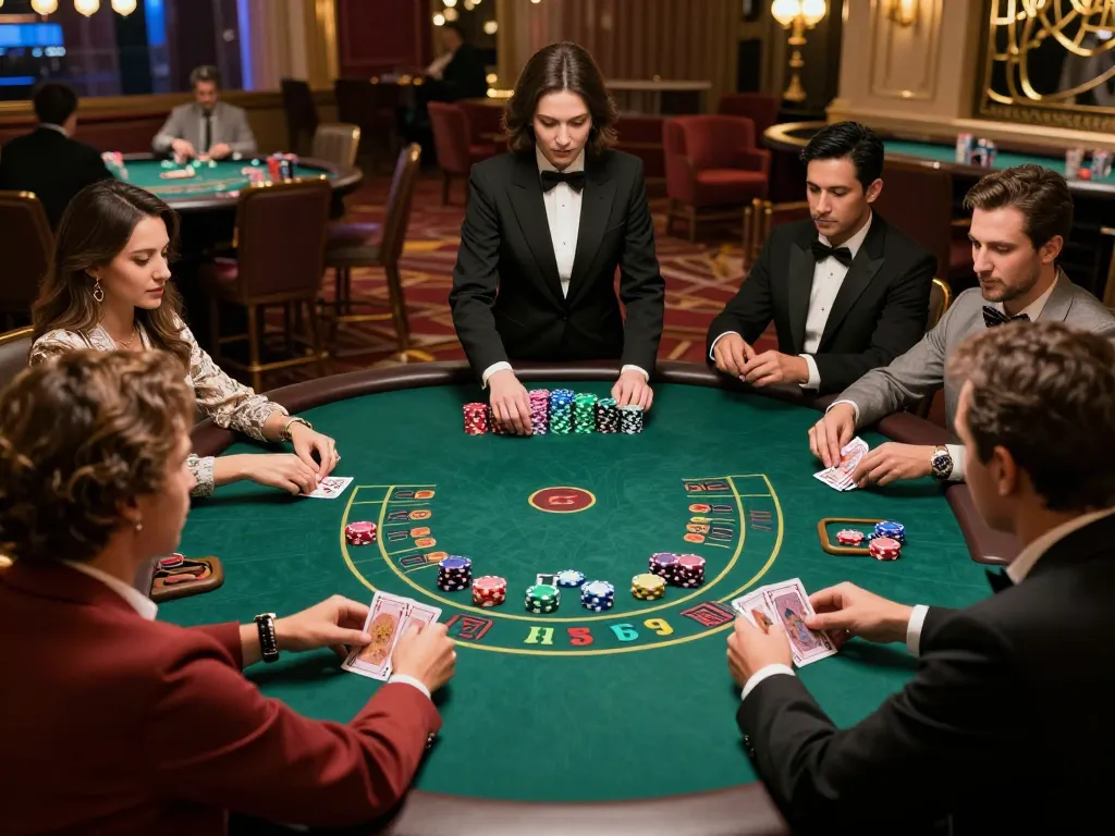 Engaged players strategizing during a high-stakes blackjack game at a casino, hm88 on the table
