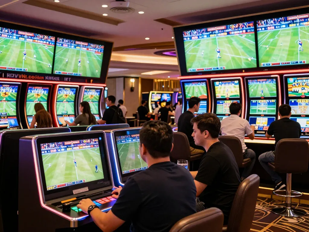 Experience the excitement of sports betting at 98win with lively patrons placing bets.