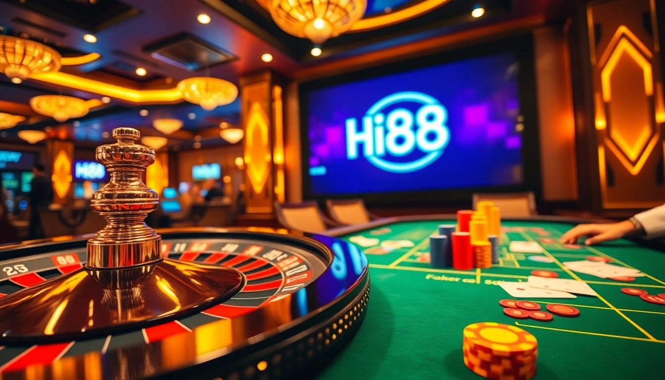 Gambling enthusiasts enjoying a thrilling game at Hi88 casino with vibrant chips and cards.
