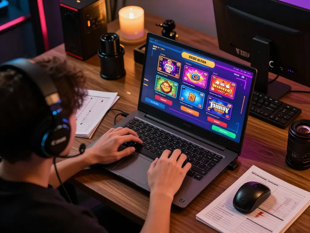 Engaging player enjoying a Pinoy Casino Game on laptop in a vibrant, modern setup.