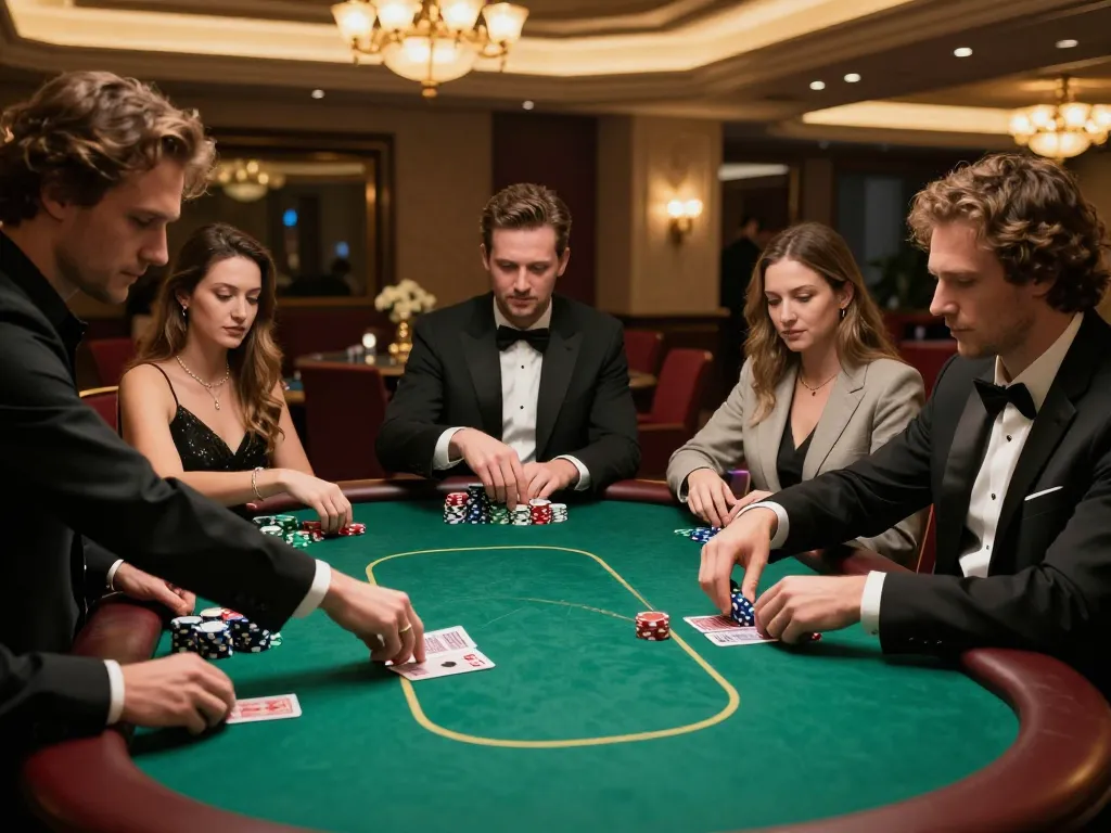 Winning at 7m poker table in upscale casino, players strategizing with high-value chips.