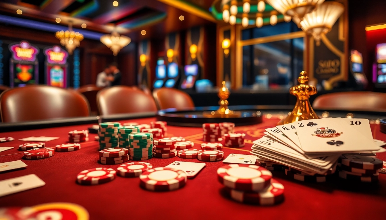 SODO CASINO vibrant scene showcasing a lively casino table with chips, cards, and dice.