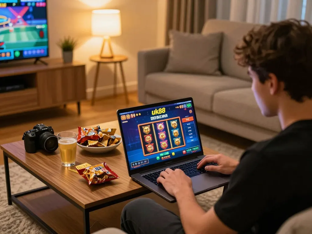 Engaging uk88 player enjoying an online casino game in a cozy home setting with snacks and excitement.