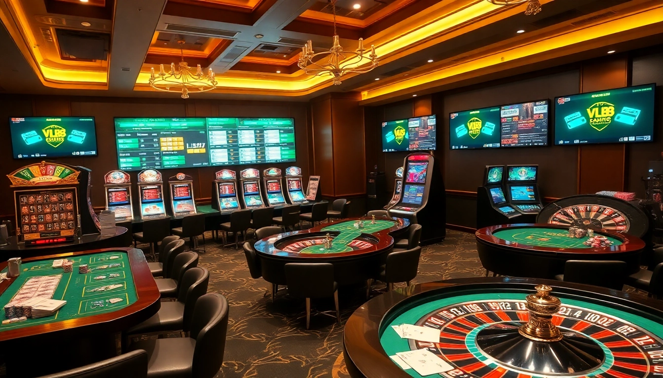 Experience thrilling gameplay at https://vu88.ink/ with a vibrant online casino atmosphere featuring poker tables and slot machines.
