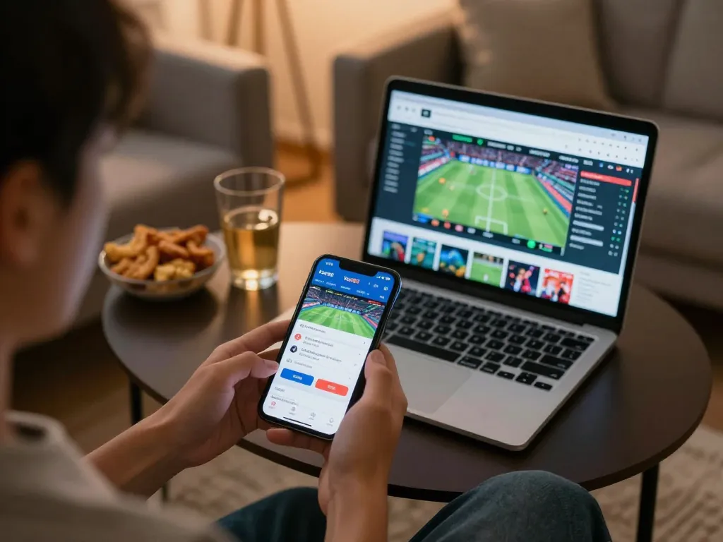 Engaging moment of a user placing bets on Vua99 app from home, capturing sports betting excitement.