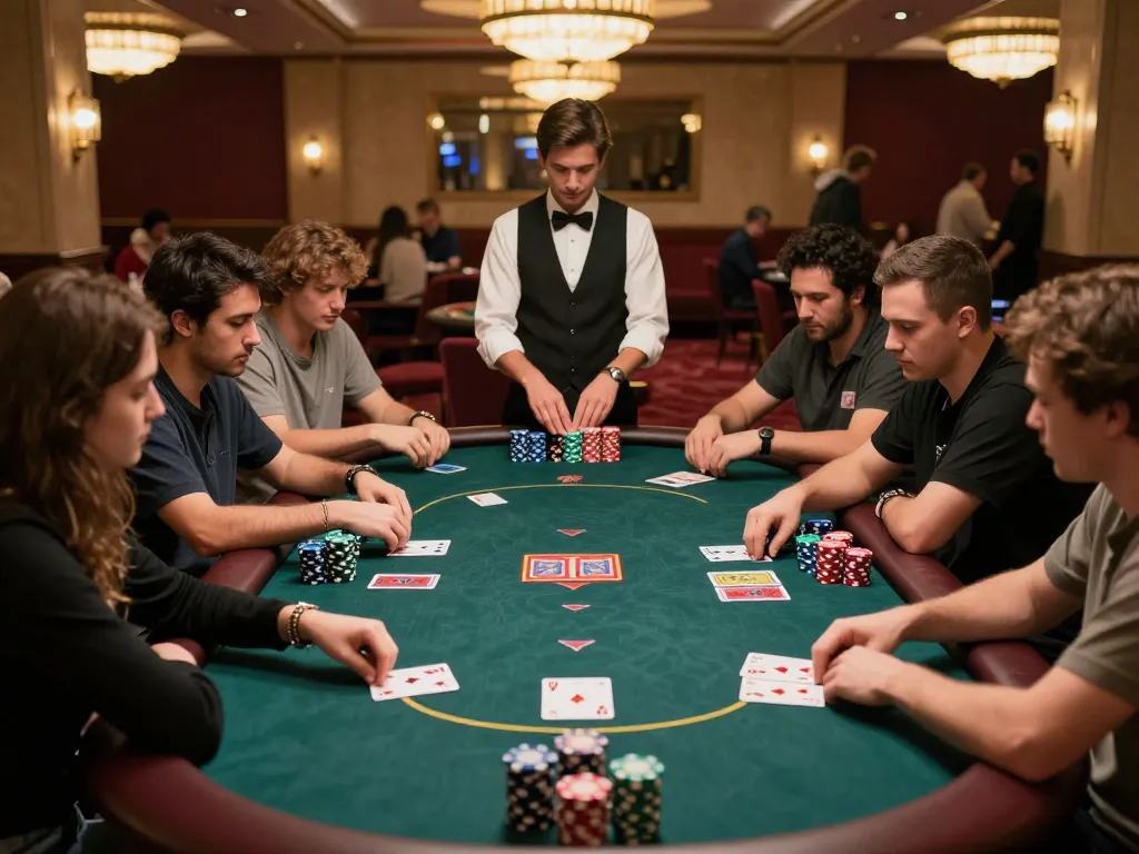 Pemain terlibat dalam permainan poker taruhan tinggi di kasino mewah yang menampilkan pengalaman permainan IDN789.