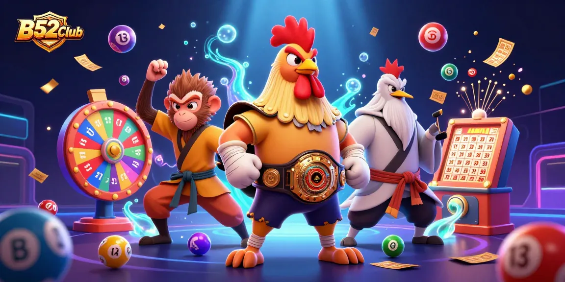 B52Club features animated casino characters celebrating with colorful elements and dynamic gaming action.