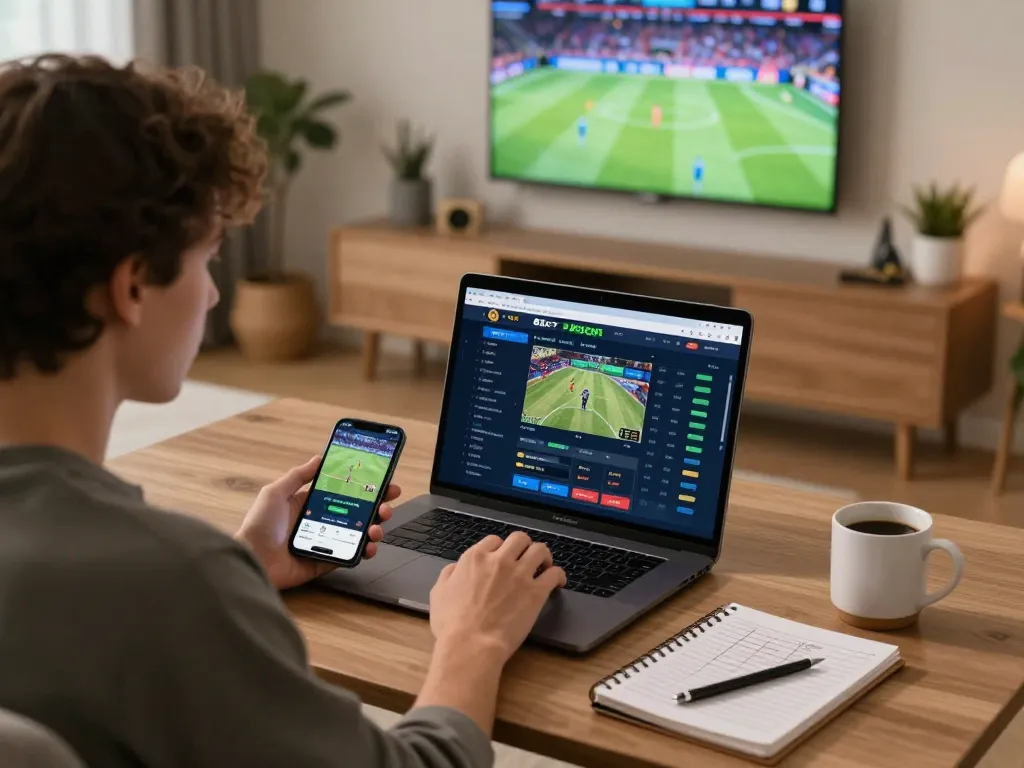 Engaging online sports betting scene with 8xbet interface displayed on laptop and smartphone.