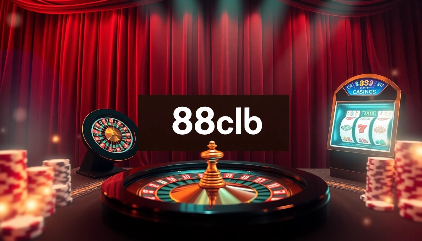 Experience the vibrant gaming atmosphere at 88clb with luxurious casino elements like poker chips and a roulette wheel.