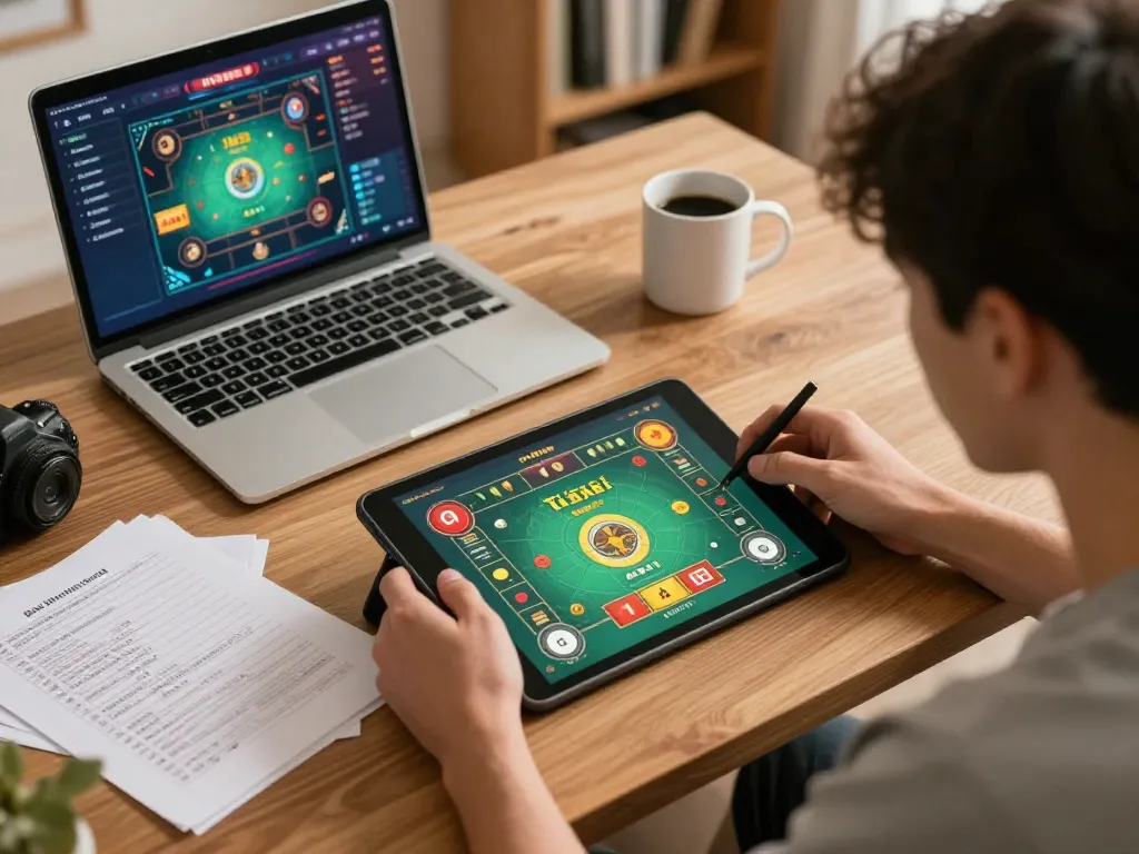 Engaging in Tài Xỉu MD5 online gaming with tablet showing gameplay and strategy notes, cozy home setting.