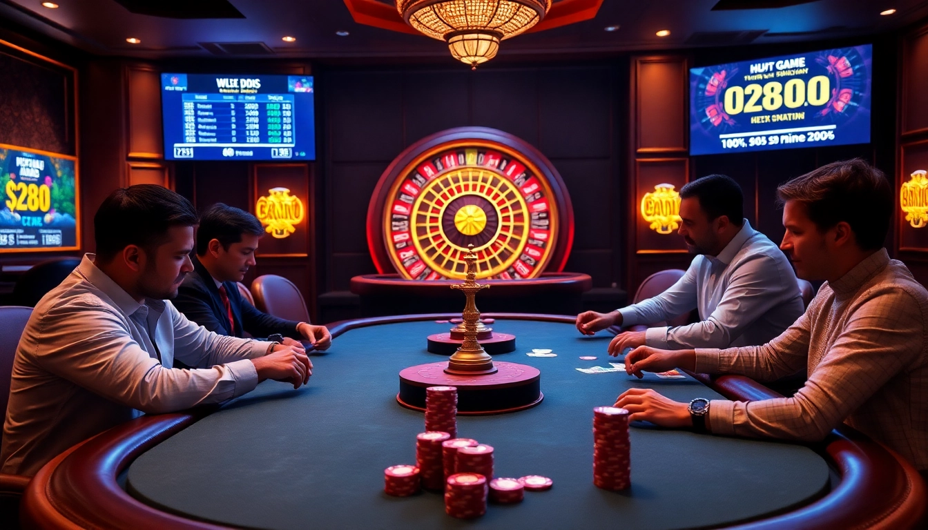 Players enjoying a high-stakes game at https://xx88.gb.net/, featuring poker chips and a roulette wheel.