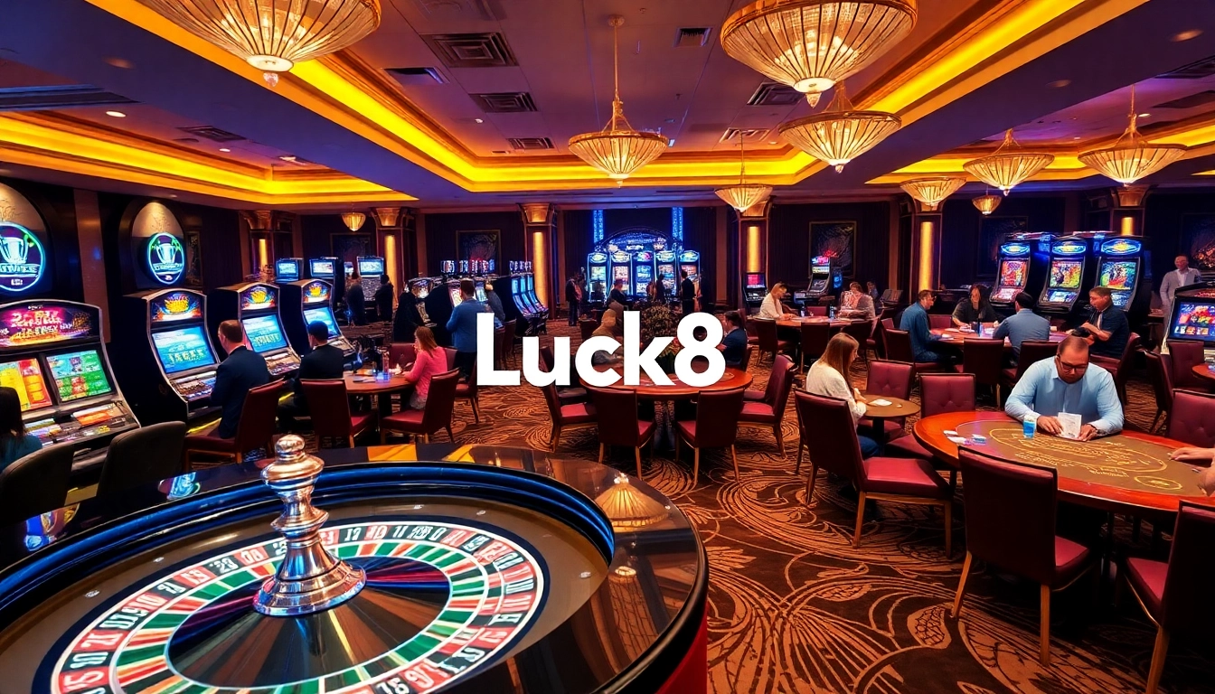Luck8 gamblers enjoying a lively casino experience with roulette and slot machines.
