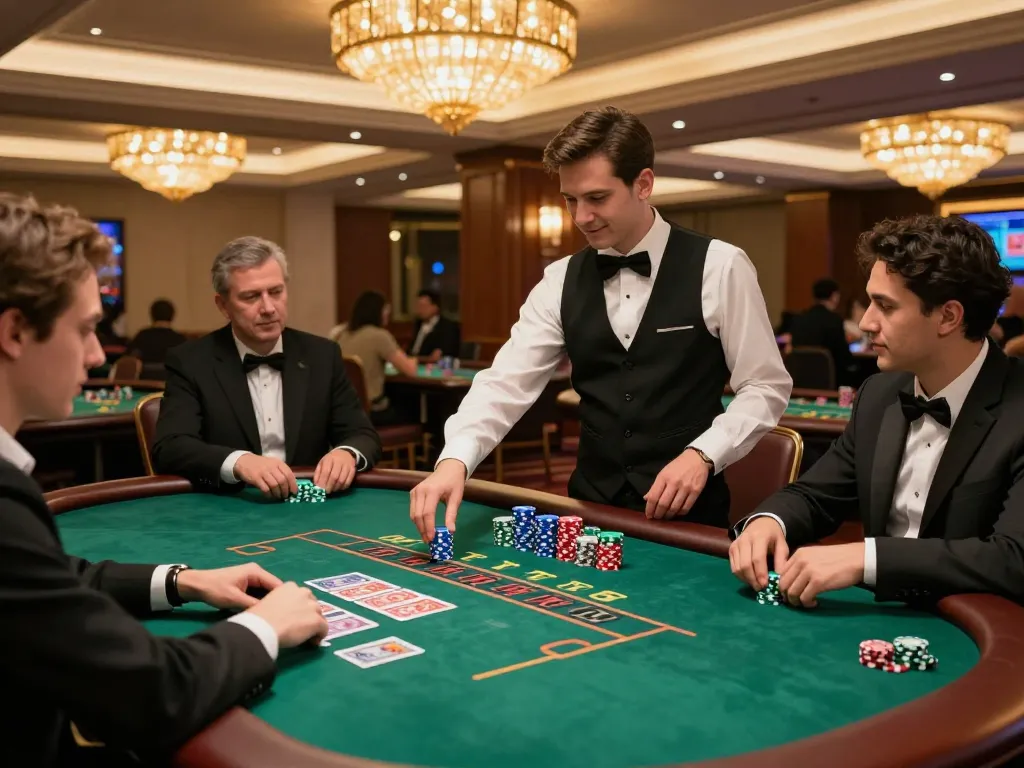 MM88 blackjack table with players engaged in a high-stakes game, showcasing thrills of casino gaming.