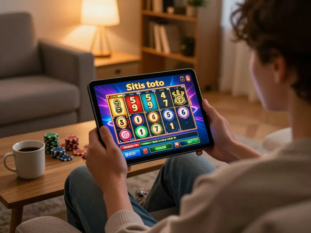 Pemain menikmati permainan slot situs toto di tablet di rumah, gulungan berwarna-warni dan suasana santai.