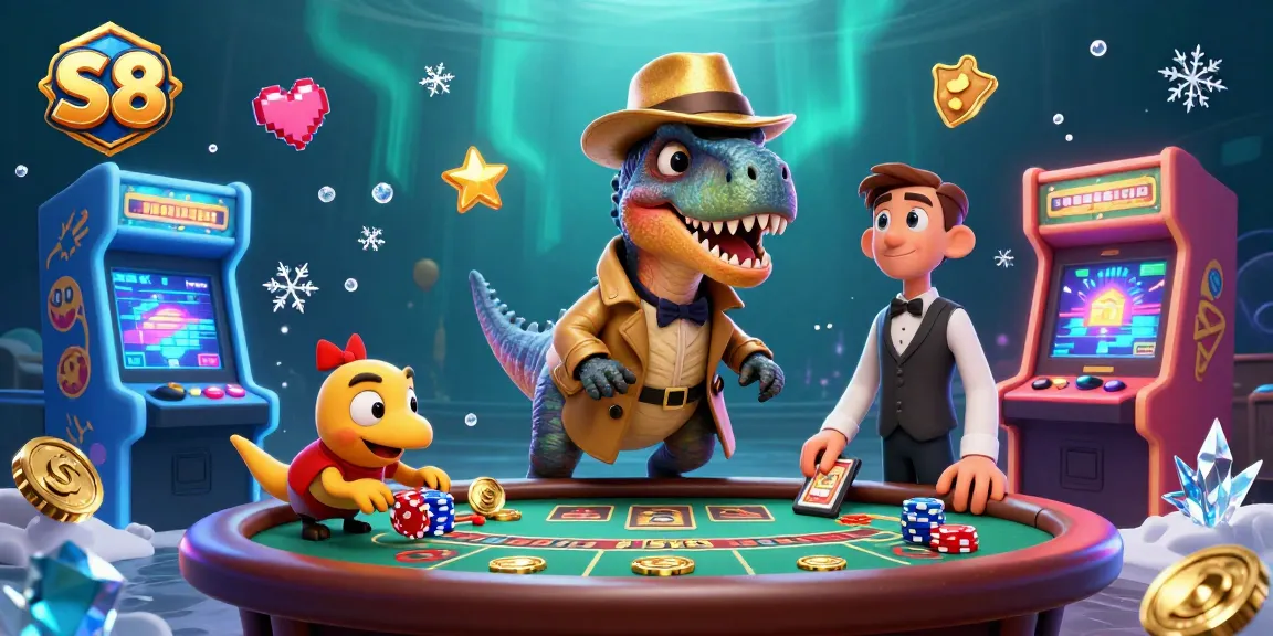 S8 casino illustration of a velociraptor card counter at blackjack, layered with vibrant game elements.