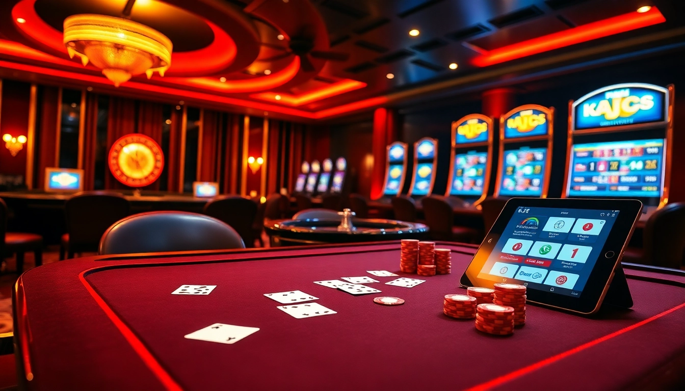 KJC casino scene with poker tables and roulette wheels capturing the excitement of online gambling.