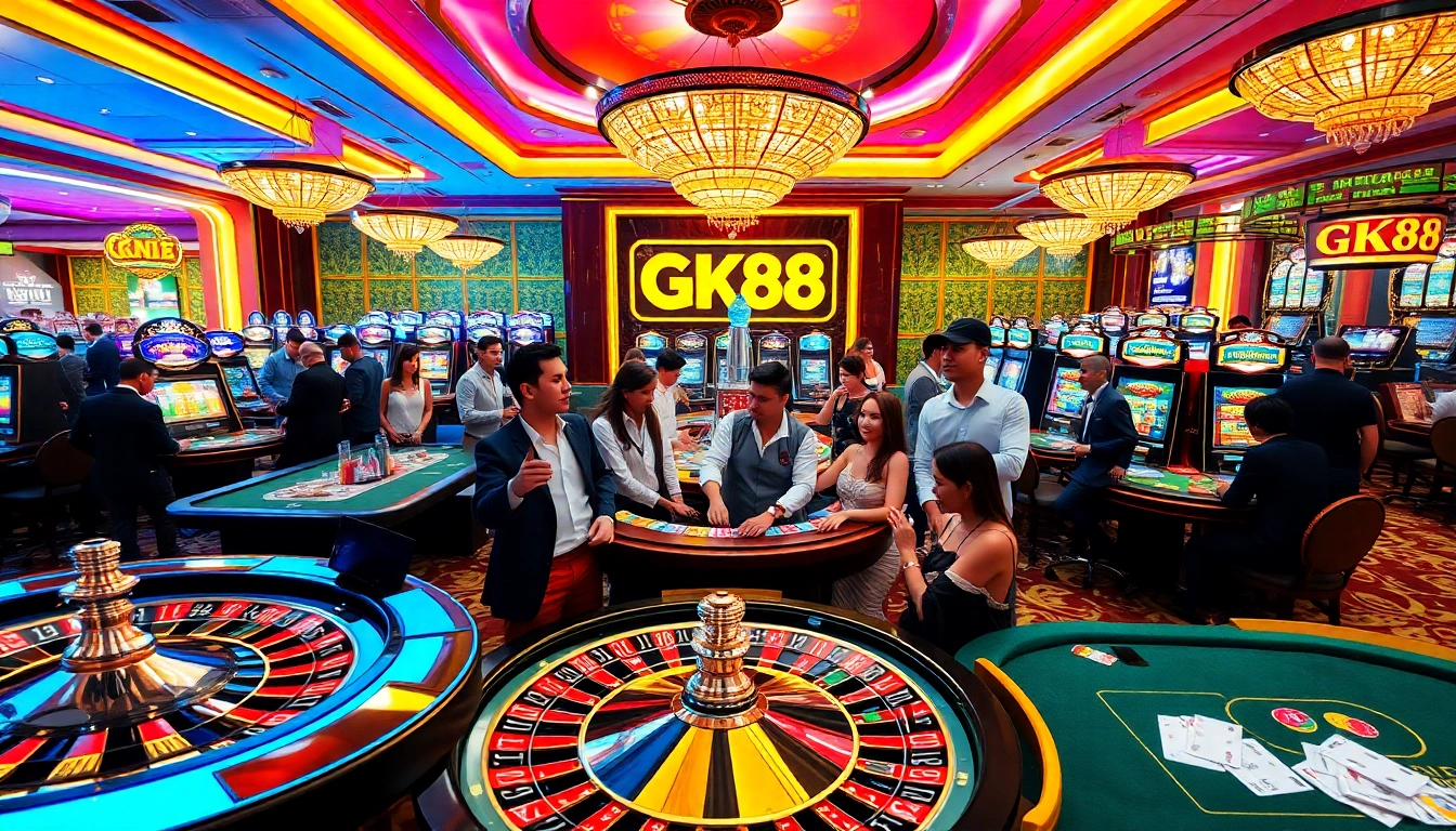 Experience the thrill of GK88 with vibrant gaming action at luxurious casino tables and slots.