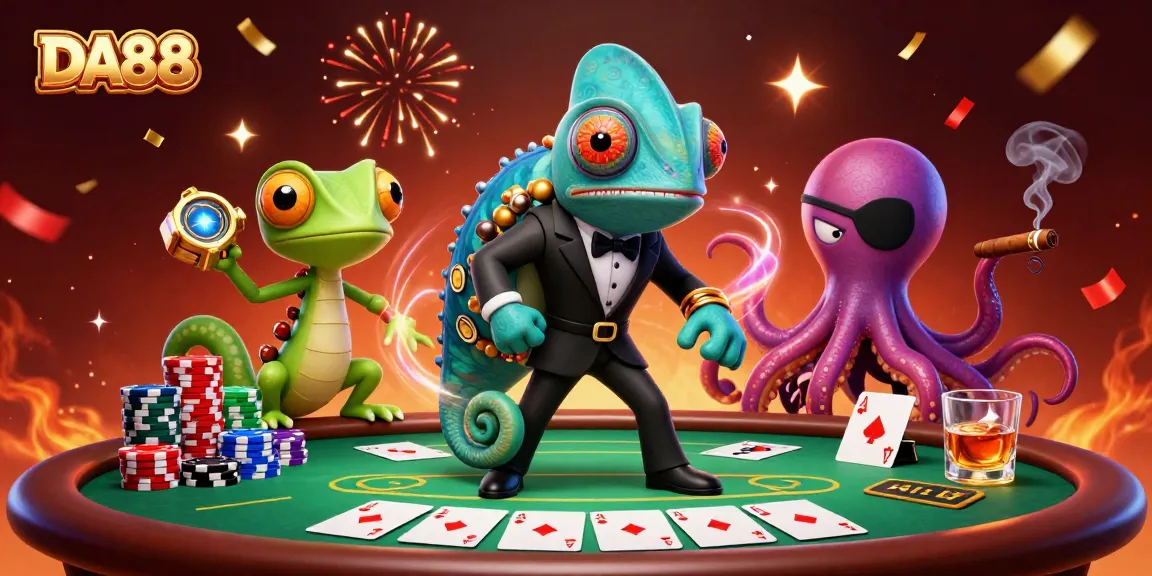 DA88 showcases poker action with a secret agent chameleon, gadgets, and a villainous octopus.