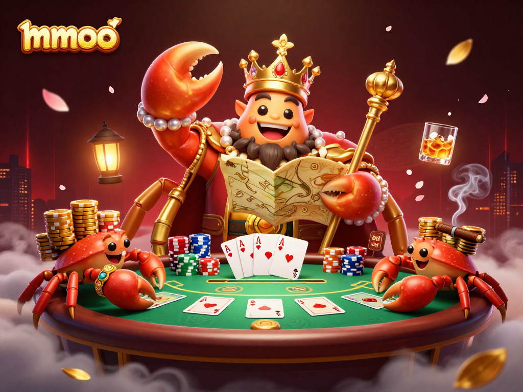 Experience mmoo's vibrant casino action with a golden crab emperor leading playful crab servants amidst poker excitement.