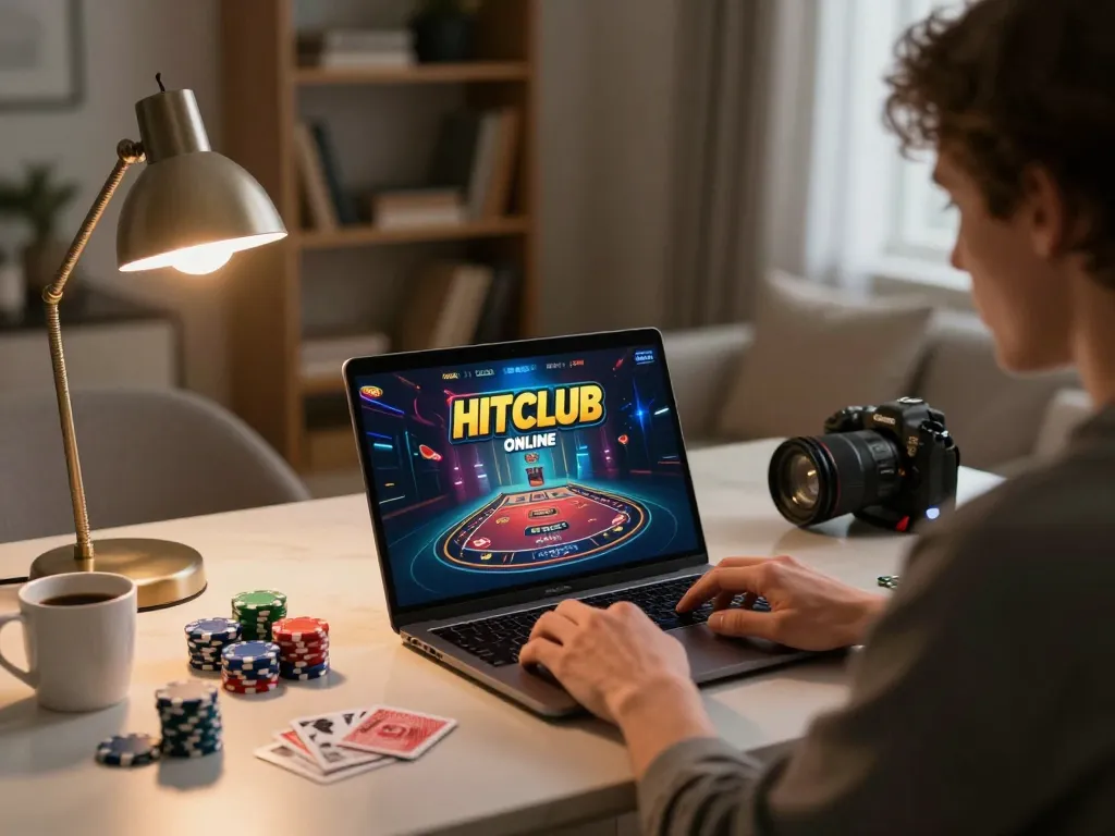 Engaged player enjoys Hitclub online casino gaming at home, with poker setup and strategic ambiance.
