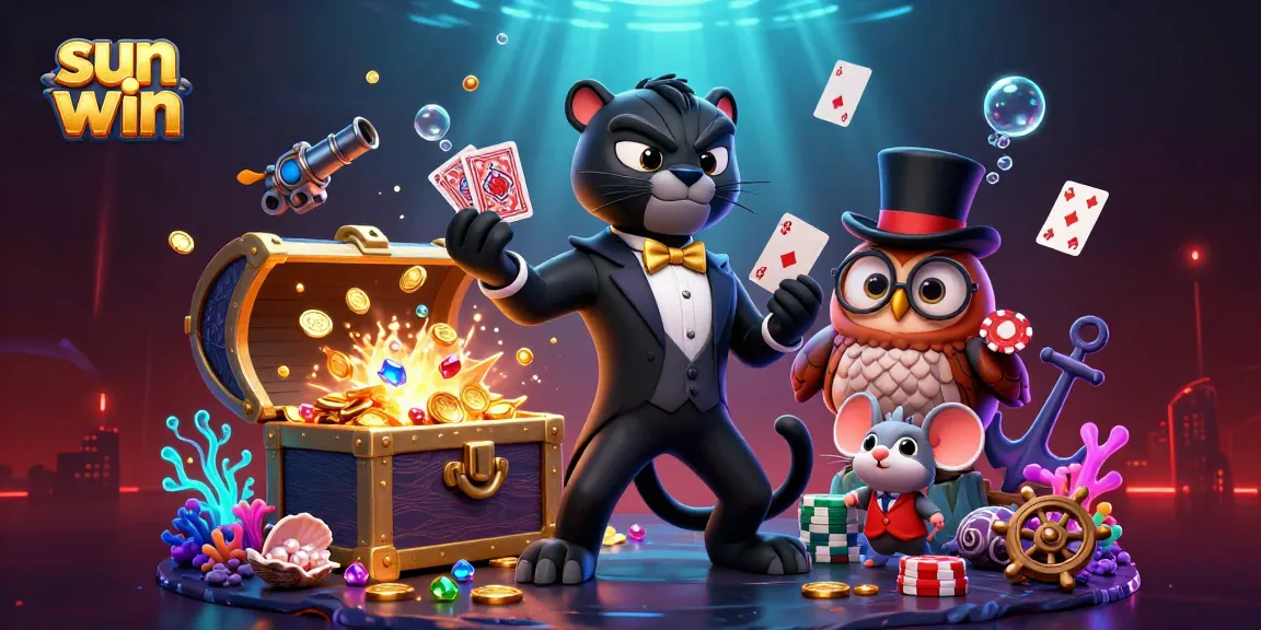 Engage with the sun win experience through vibrant card games and playful characters in a rich casino setting.