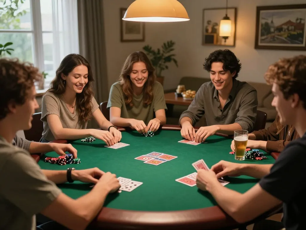 Friends enjoying a competitive poker game at home with 32win strategies in action