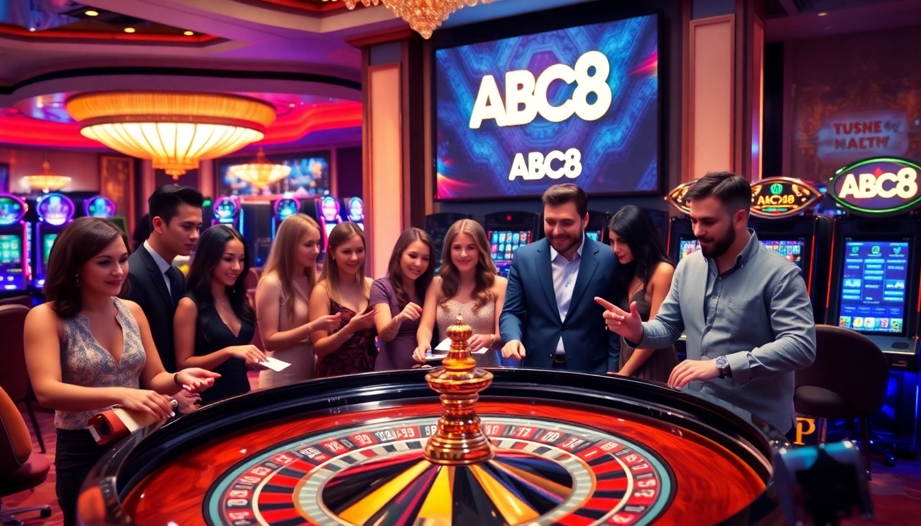 Gamblers enjoying a thrilling roulette game at ABC8, surrounded by vibrant casino elements.