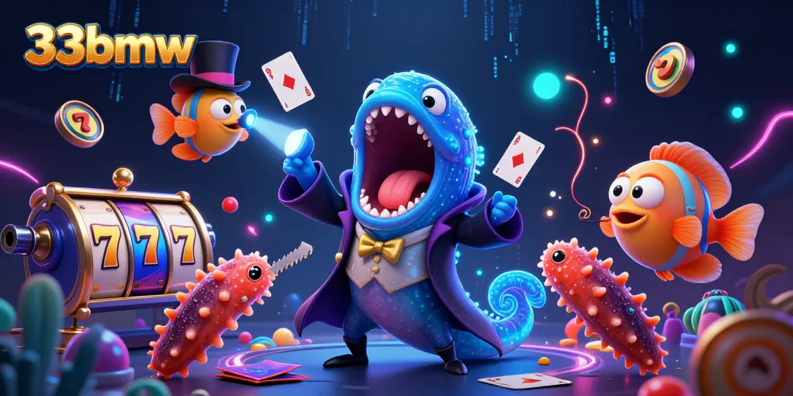A bioluminescent gulper eel performs card tricks in a vibrant casino-themed scene representing 33bmw.