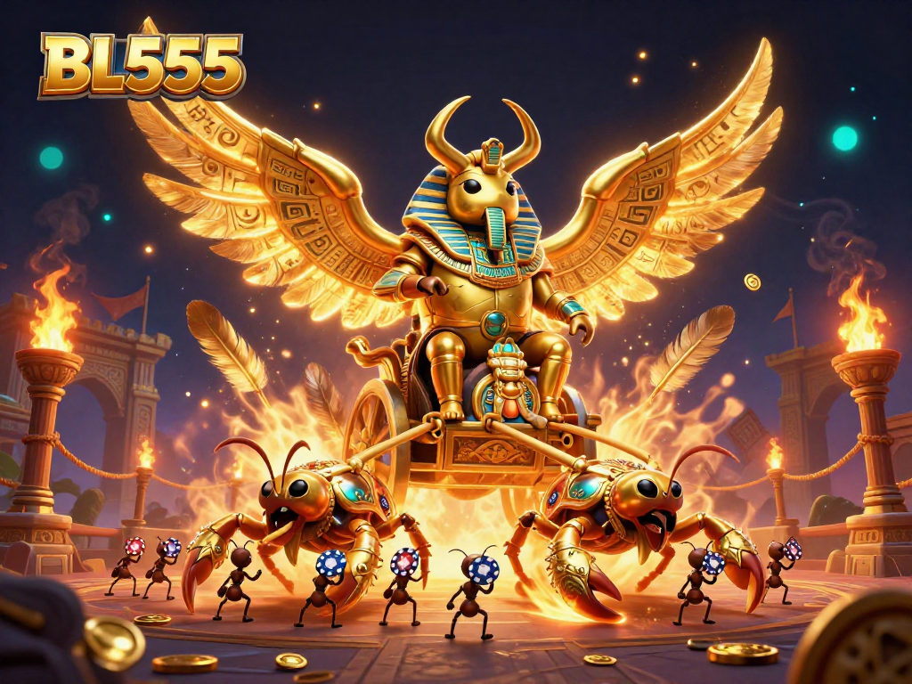 Experience thrilling gameplay at BL555 with a golden scarab beetle and scorpions amidst vibrant casino elements.