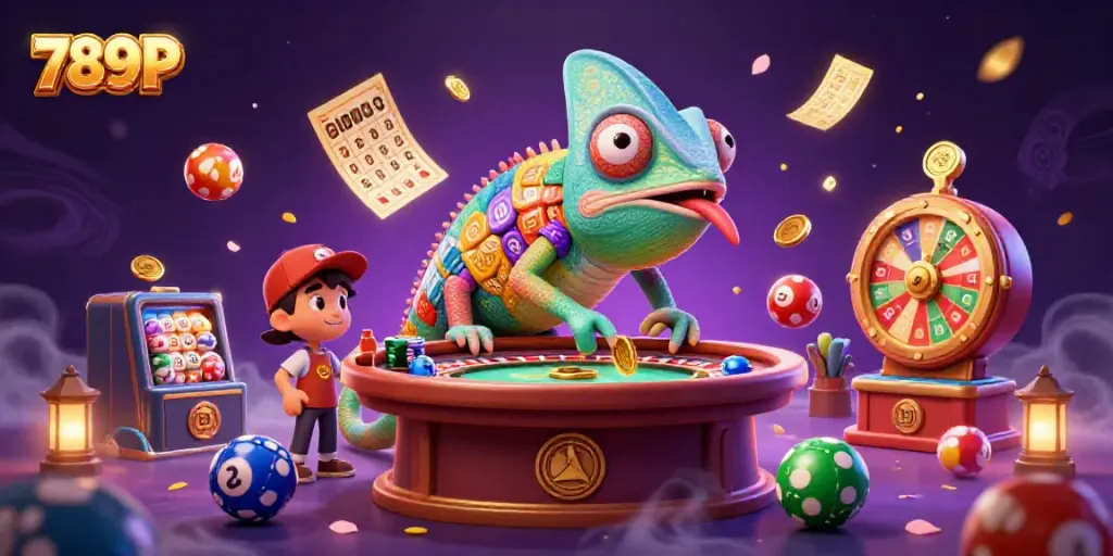 Engage with the vibrant 789P casino scene with a dynamic chameleon owner amidst lottery balls and prizes.