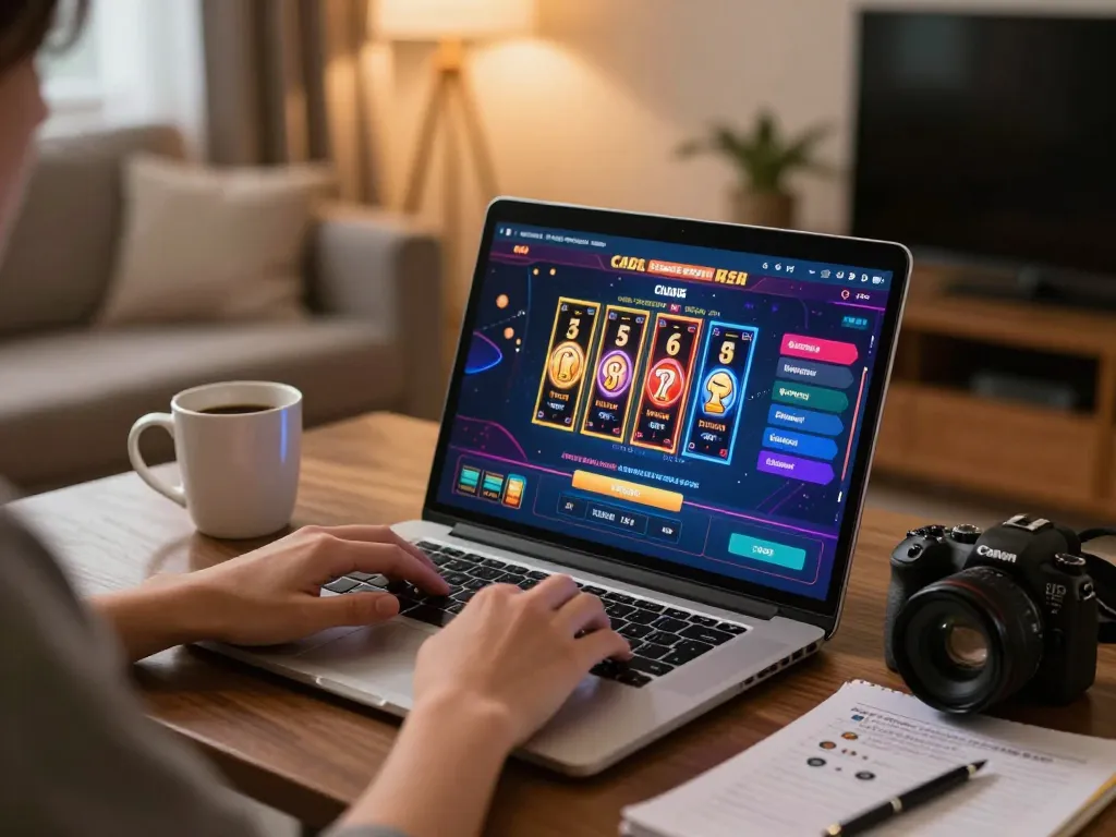Player engaging in online casino games on laptop at home, enjoying rr 88 gaming experience with vibrant interface.