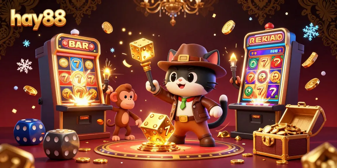 Engage with hay88's exciting casino experience, illustrated by a cat explorer discovering treasures in a vibrant digital realm.