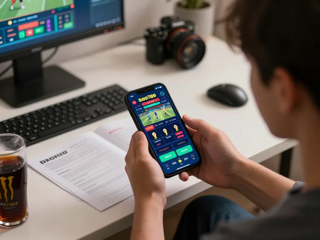 Sao789 user actively engaging in betting via mobile app in a modern home setup.
