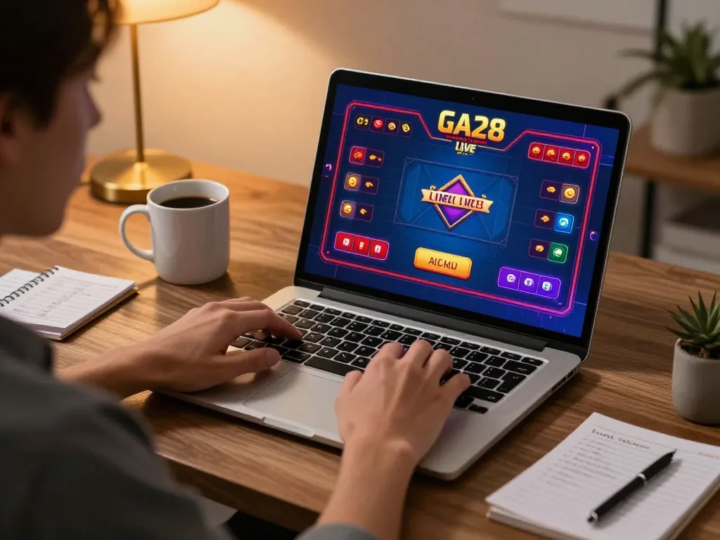 GA28 online gaming experience with vibrant casino graphics and a stylish home setup.