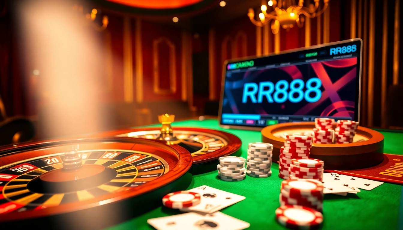 RR88 gaming scene with roulette, poker chips, and online betting interface.