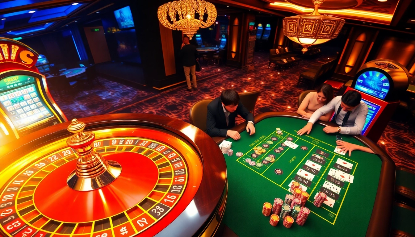 Players enjoying high-stakes games at nk88.onl casino, featuring poker chips and roulette table.