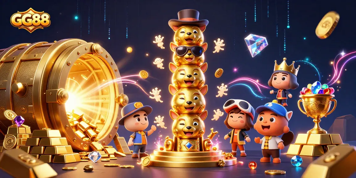 Engage with GG88's dynamic gaming experience through a vibrant casino illustration featuring totem poles and treasure.