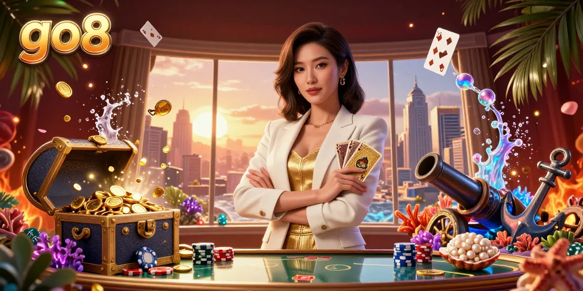 Engage in gaming excitement with go8's luxurious casino atmosphere featuring a powerful Asian businesswoman.