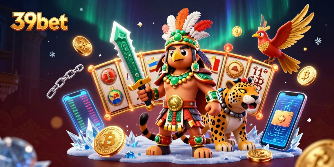 Engage with 39bet's vibrant online casino scene featuring a heroic Aztec eagle and digital gaming elements.