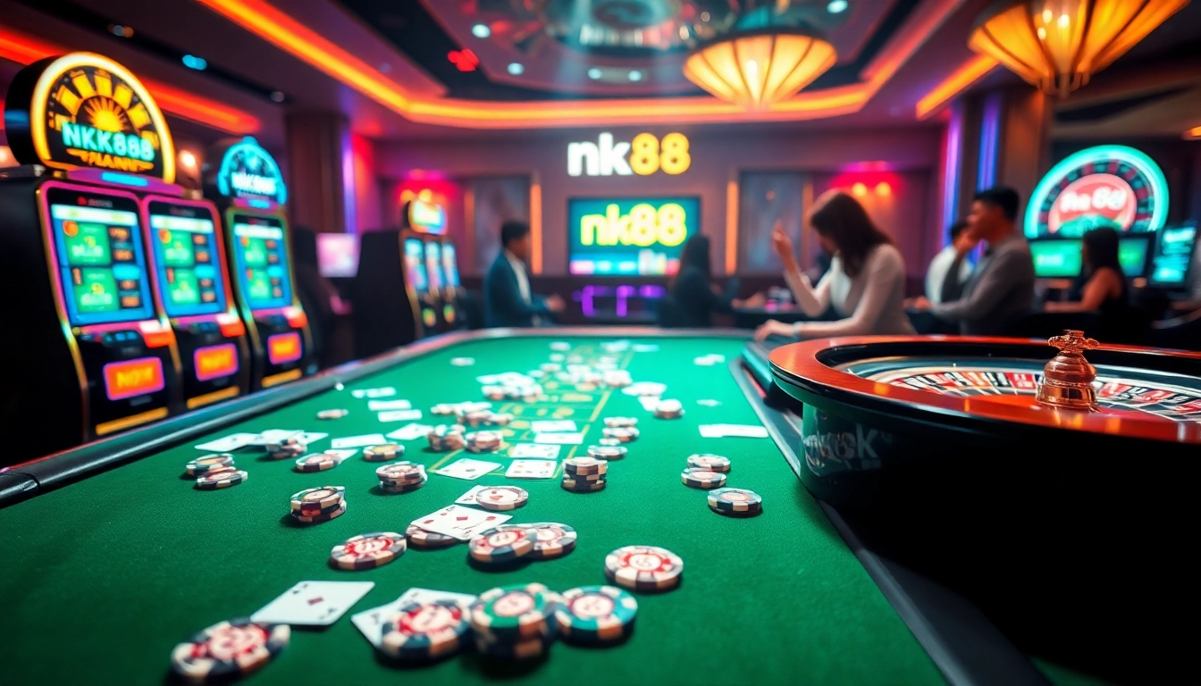 Experience nk88's thrilling gaming environment with vibrant casino tables and exciting players.