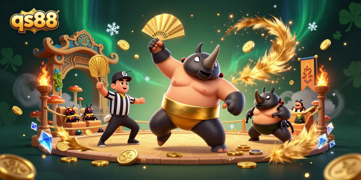 Experience thrilling action at qs88 with a cartoon rhinoceros beetle champion amidst gold coins and casino elements.