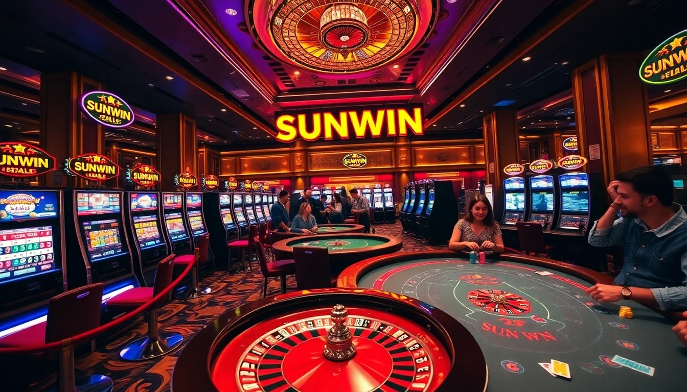 Exciting gaming at SUNWIN with vibrant slots and poker tables in a luxurious casino setting.